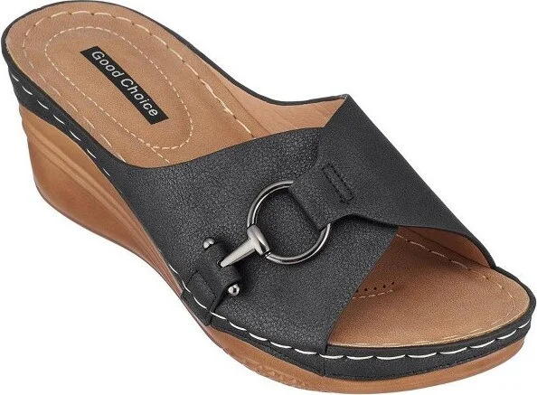GC Shoes Bay Black Hardware Comfort Slide Wedge Sandals