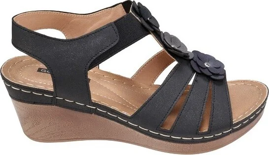 GC Shoes Beck Black Elastic Flower Comfort Slingback Wedge Sandals - Image 2