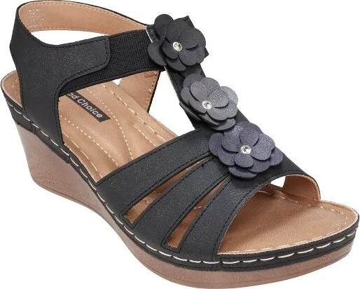 GC Shoes Beck Black Elastic Flower Comfort Slingback Wedge Sandals