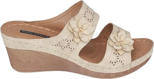GC Shoes Cie Gold Double Band Perforated Flower Comfort Slide Wedge Sandals - Image 2