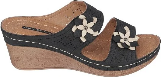 GC Shoes Cie Gold Double Band Perforated Flower Comfort Slide Wedge Sandals - Image 3