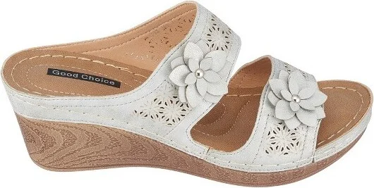 GC Shoes Cie Gold Double Band Perforated Flower Comfort Slide Wedge Sandals - Image 4