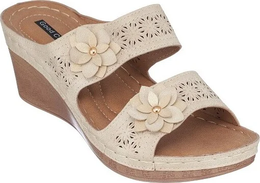 GC Shoes Cie Gold Double Band Perforated Flower Comfort Slide Wedge Sandals