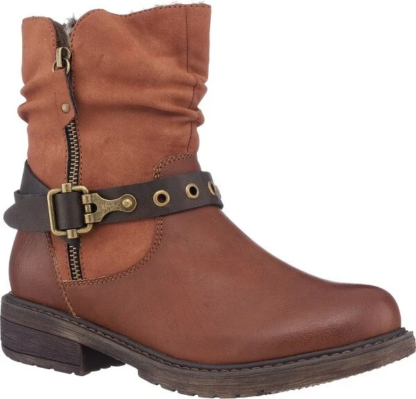 GC Shoes Codie Cognac Buckle Strap Zipper Detail Lug Sole Ankle Boots