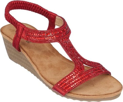 GC Shoes Coretta Red Embellished Slingback Wedge Sandals