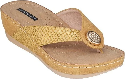 GC Shoes Dafni Yellow Embellished Two-Tone Comfort Slide Wedge Sandals