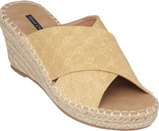 GC Shoes Darline Yellow Cross Strap Espadrille Comfort Slide Wedge Sandals