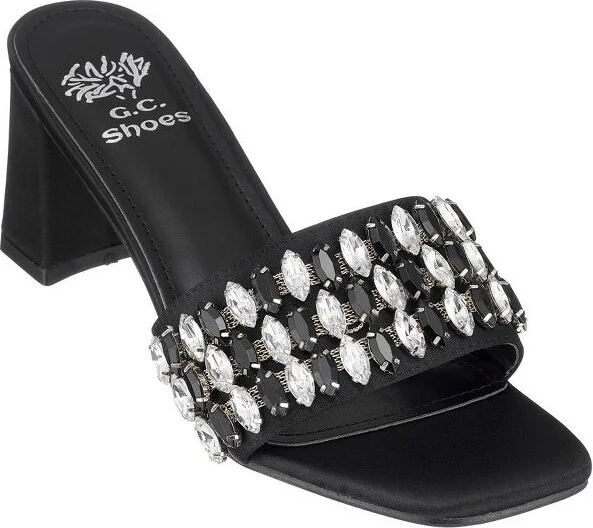 GC Shoes Drais Black Rhinestone Block Heel Sandals