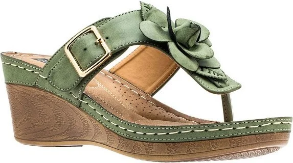 GC Shoes Flora Green Flower Comfort Slide Wedge Sandals