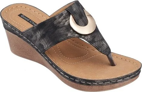 GC Shoes Genelle Black Hardware Comfort Slide Wedge Sandals