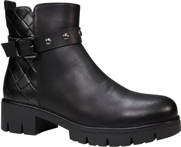 GC Shoes Georgia Black Buckle Studded Strap Croc Block Heel Ankle Boots