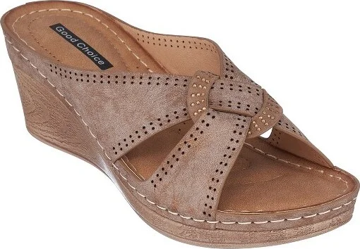 GC Shoes Giselle Bronze Perforated Comfort Slide Wedge Sandals