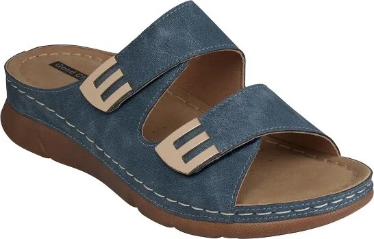 GC Shoes Gretchen Navy Double Velcro Band Comfort Slide Flat Sandals