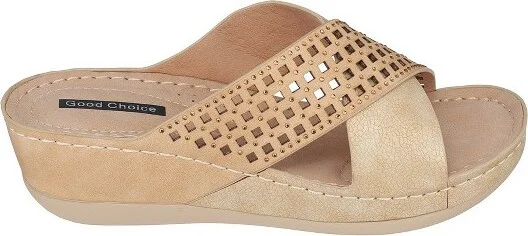 GC Shoes Isabella Gold Embellished Comfort Slide Wedge Sandals - Image 2