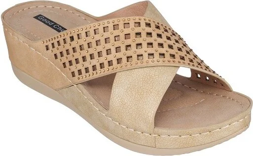 GC Shoes Isabella Gold Embellished Comfort Slide Wedge Sandals