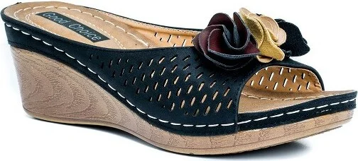 GC Shoes Juliet Black Perforated Flower Comfort Slide Wedge Sandals