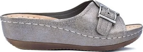 GC Shoes Justina Pewter Buckle Comfort Slide Wedge Sandals - Image 2