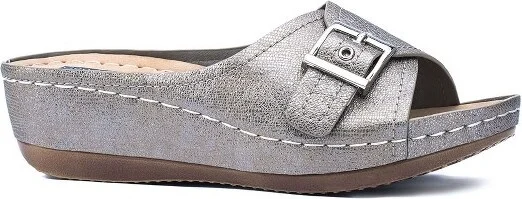 GC Shoes Justina Pewter Buckle Comfort Slide Wedge Sandals