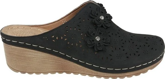 GC Shoes Krista Black Perforated Flower Slide Wedge Mule - Image 2