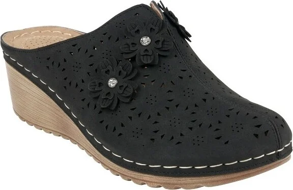 GC Shoes Krista Black Perforated Flower Slide Wedge Mule