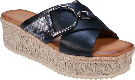 GC Shoes Lindsey Black Buckle Cross Strap Espadrille Slide Platform Sandals