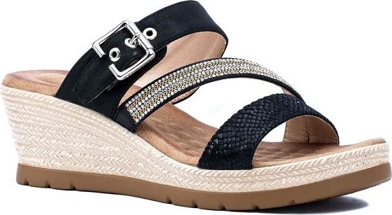 GC Shoes Monica Black Embellished Comfort Slide Wedge Sandals