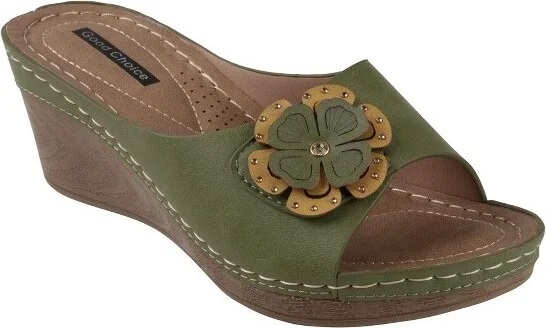 GC Shoes Naples Green Flower Comfort Slide Wedge Sandals
