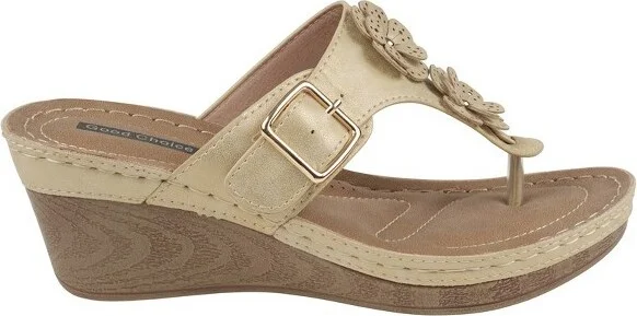 GC Shoes Narbone Gold Flower Comfort Slide Wedge Sandals - Image 2