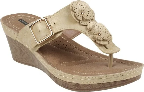 GC Shoes Narbone Gold Flower Comfort Slide Wedge Sandals