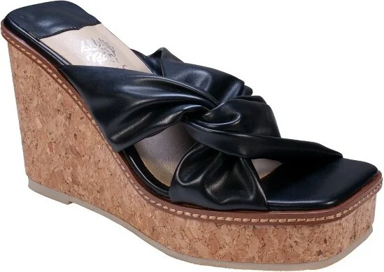 GC Shoes Neila Black Knotted Squared Toe Cork Slide Wedge Sandals