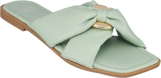 GC Shoes Perri Green Knotted Cross Strap Squared Toe Slide Flat Sandals