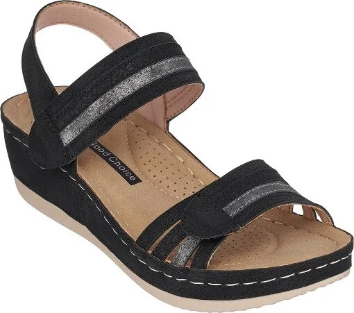 GC Shoes Samar Black Double Band Velcro Comfort Slingback Wedge Sandals