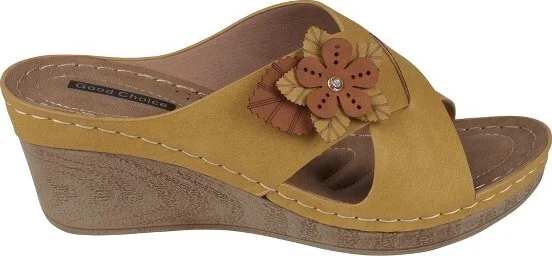 GC Shoes Selly Yellow Cross-Strap Flower Comfort Slide Wedge Sandals - Image 2