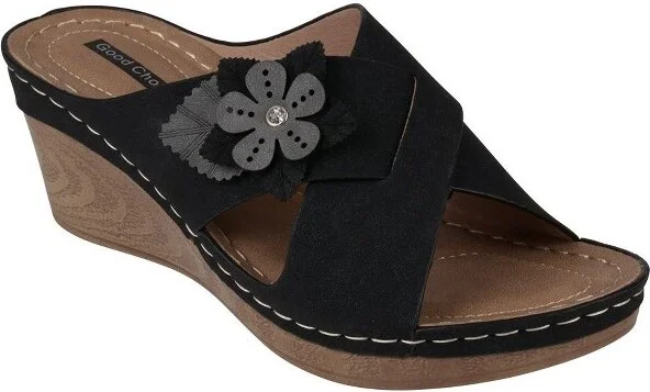 GC Shoes Selly Yellow Cross-Strap Flower Comfort Slide Wedge Sandals