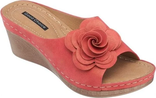 GC Shoes Tokyo Red Flower Comfort Slide Wedge Sandals