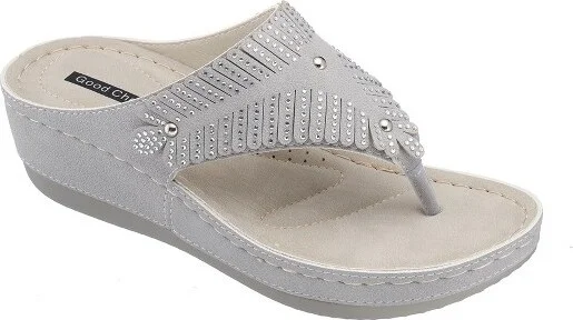 GC Shoes Virginia Gray Embellished Comfort Slide Wedge Sandals