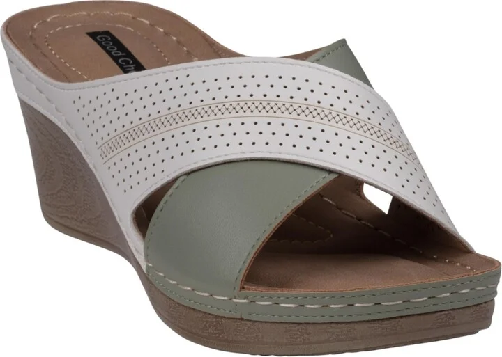 Gc Shoes Women's Hayden Perforated Contrast Cross Strap Wedge Sandals - Green, White