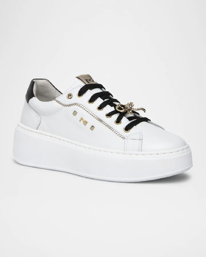 Gems Mixed Leather Bow Skater Sneakers - Image 6