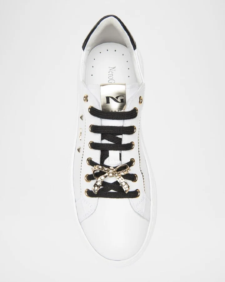 Gems Mixed Leather Bow Skater Sneakers - Image 7