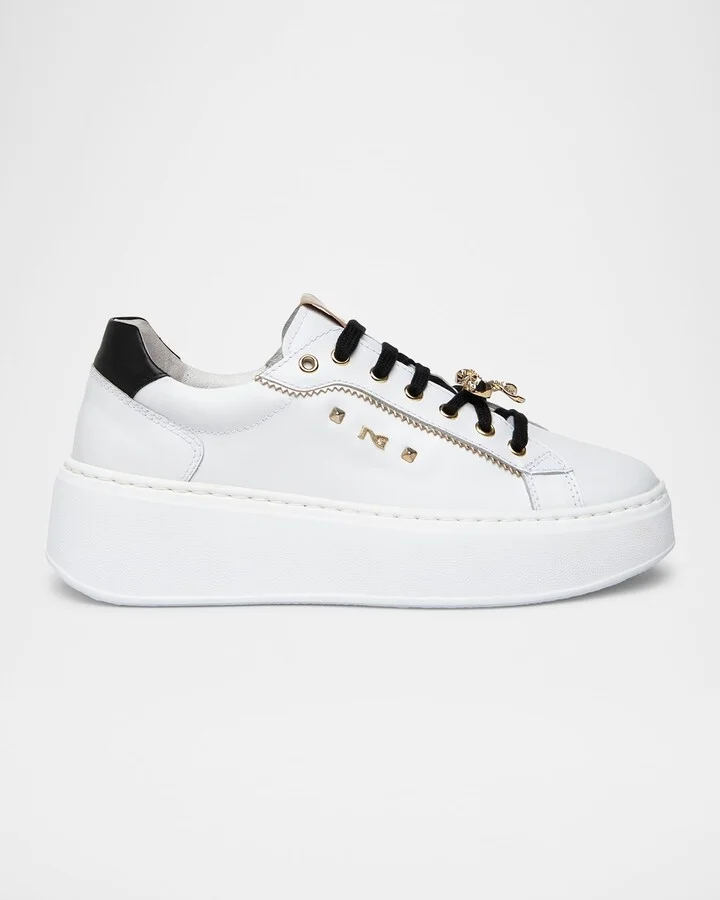 Gems Mixed Leather Bow Skater Sneakers