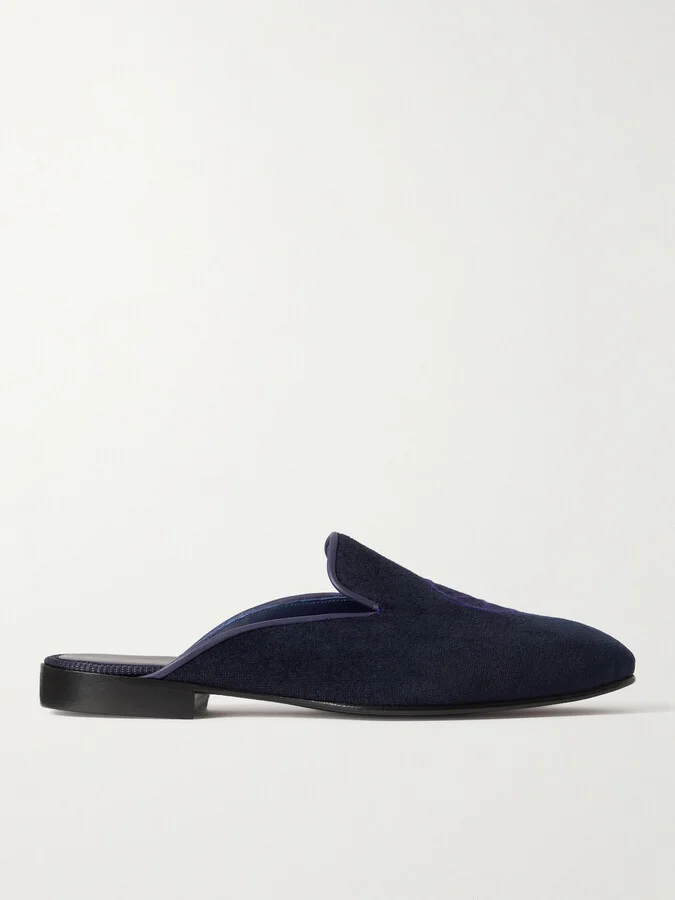 + George Cleverley Logo-Embroidered Velvet Backless Loafers