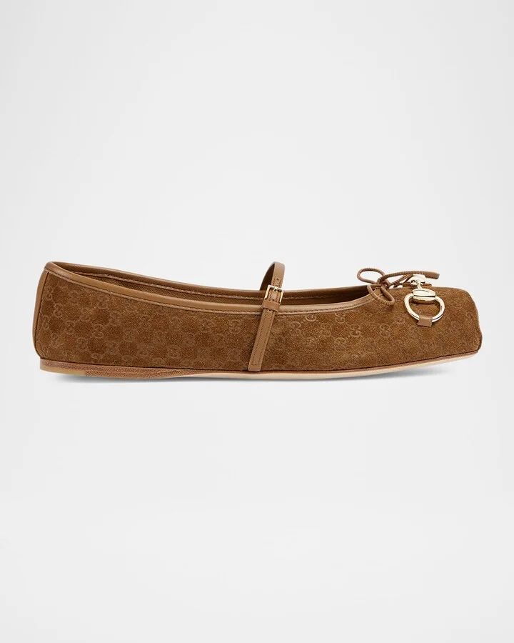 GG Suede Horsebit Mary Jane Ballerina Flats
