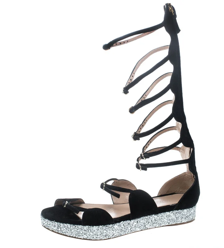 Giambattista Valli Black Suede Glitter Platform Flat Gladiator Sandals Size 38.5