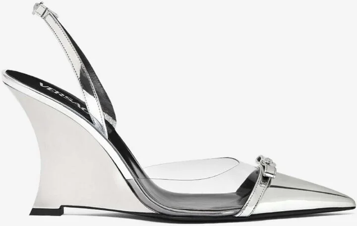 Gianni Ribbon 95 Metallic Leather Wedge Pumps