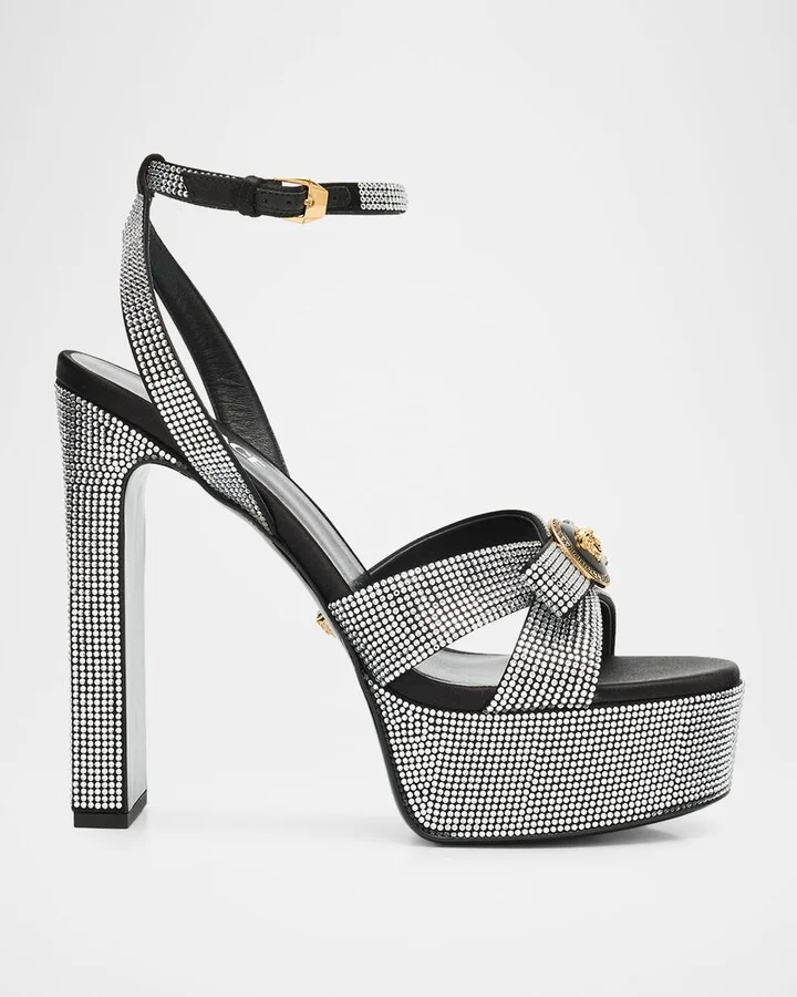 Gianni Ribbon Crystal Leather Platform Sandals