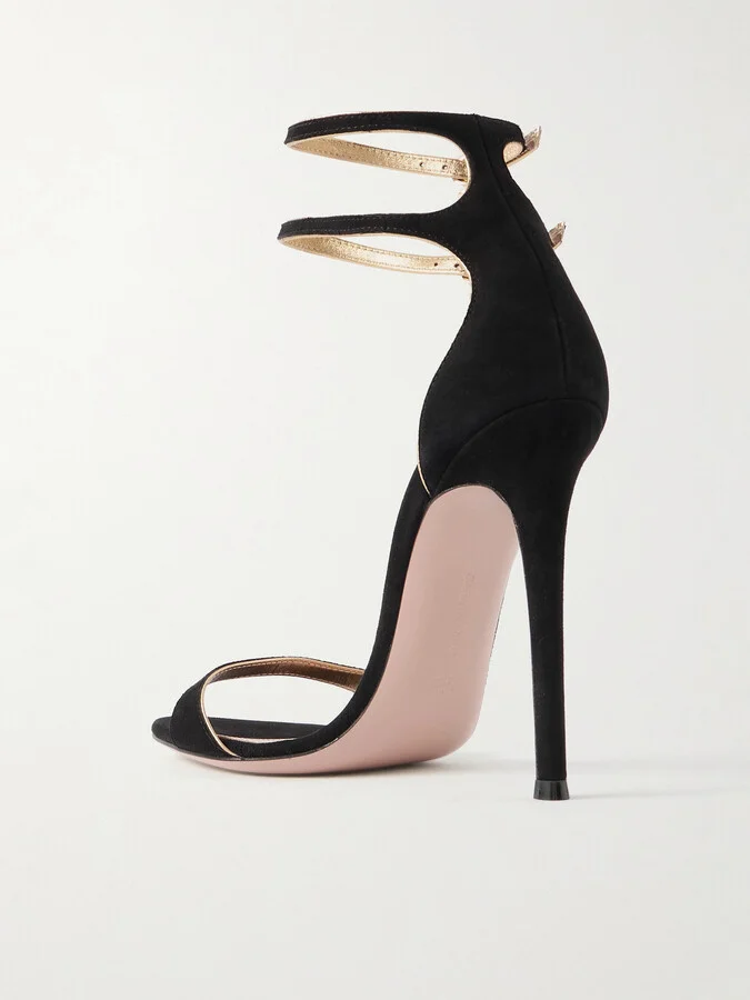 Gianvito Rossi - 110 Metallic Leather-trimmed Suede Sandals - Black - Image 3