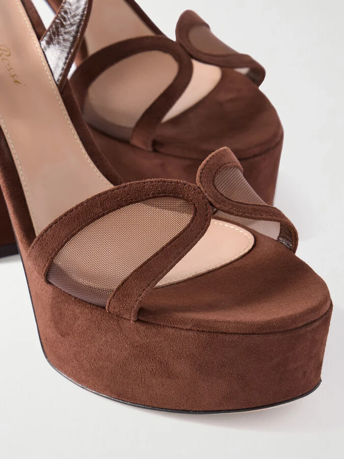 Gianvito Rossi - 120 Mesh-paneled Suede Platform Sandals - Brown - Image 4