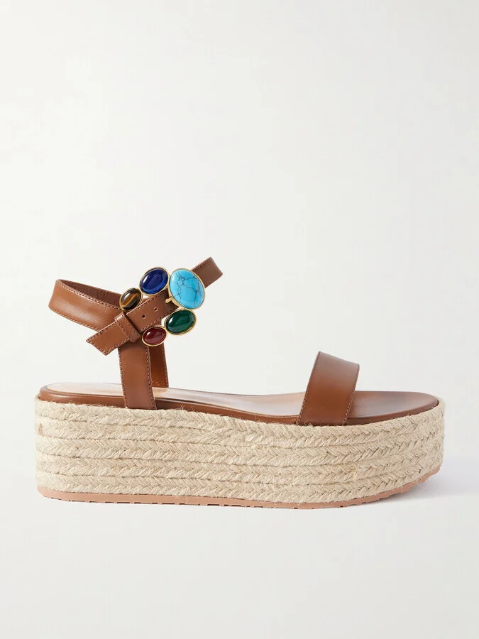 Gianvito Rossi - 40 Embellished Leather Platform Espadrille Sandals - Brown