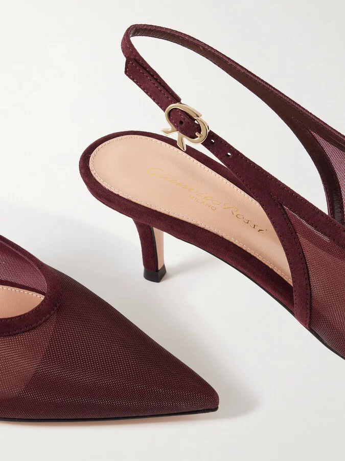 Gianvito Rossi - 55 Suede-trimmed Mesh Slingback Pumps - Burgundy - Image 4
