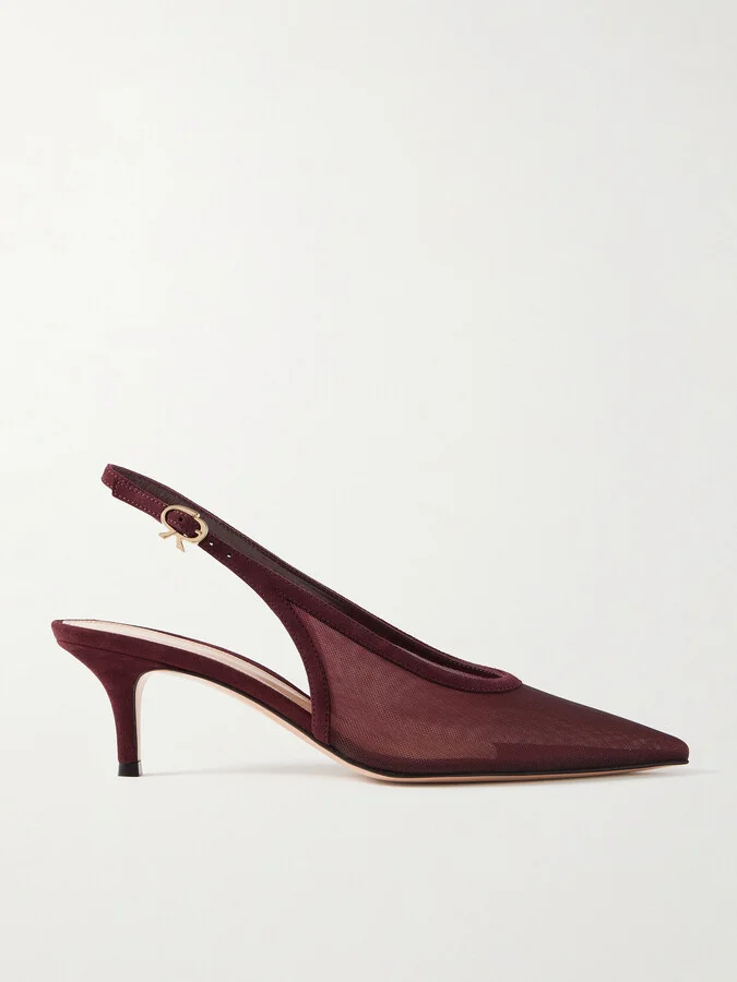 Gianvito Rossi - 55 Suede-trimmed Mesh Slingback Pumps - Burgundy